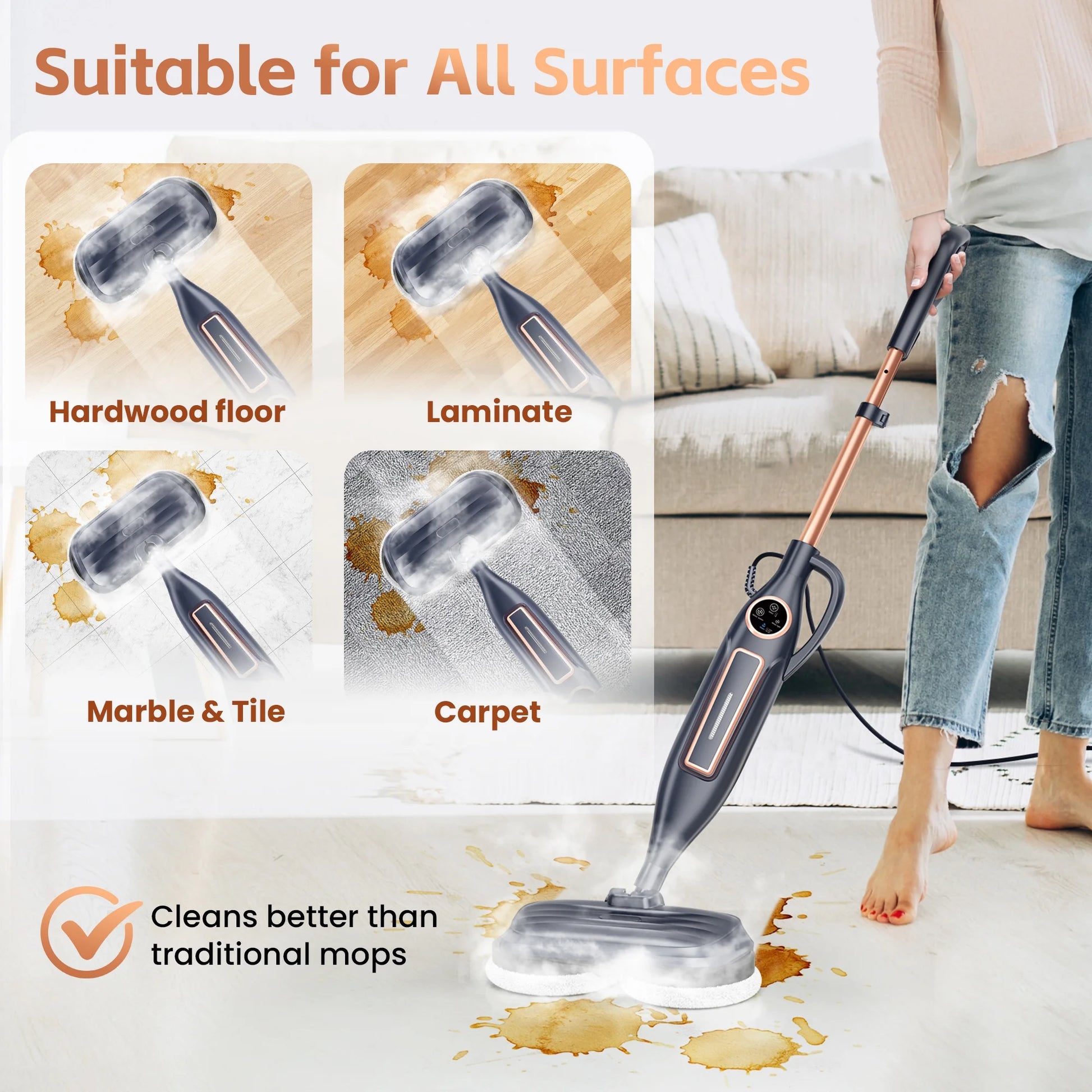 Steam Mop with Rotating Pads, 10 in 1 Scrubbing Steam Vacmop for Kitchen, Hardwood Floor, Marble Floor