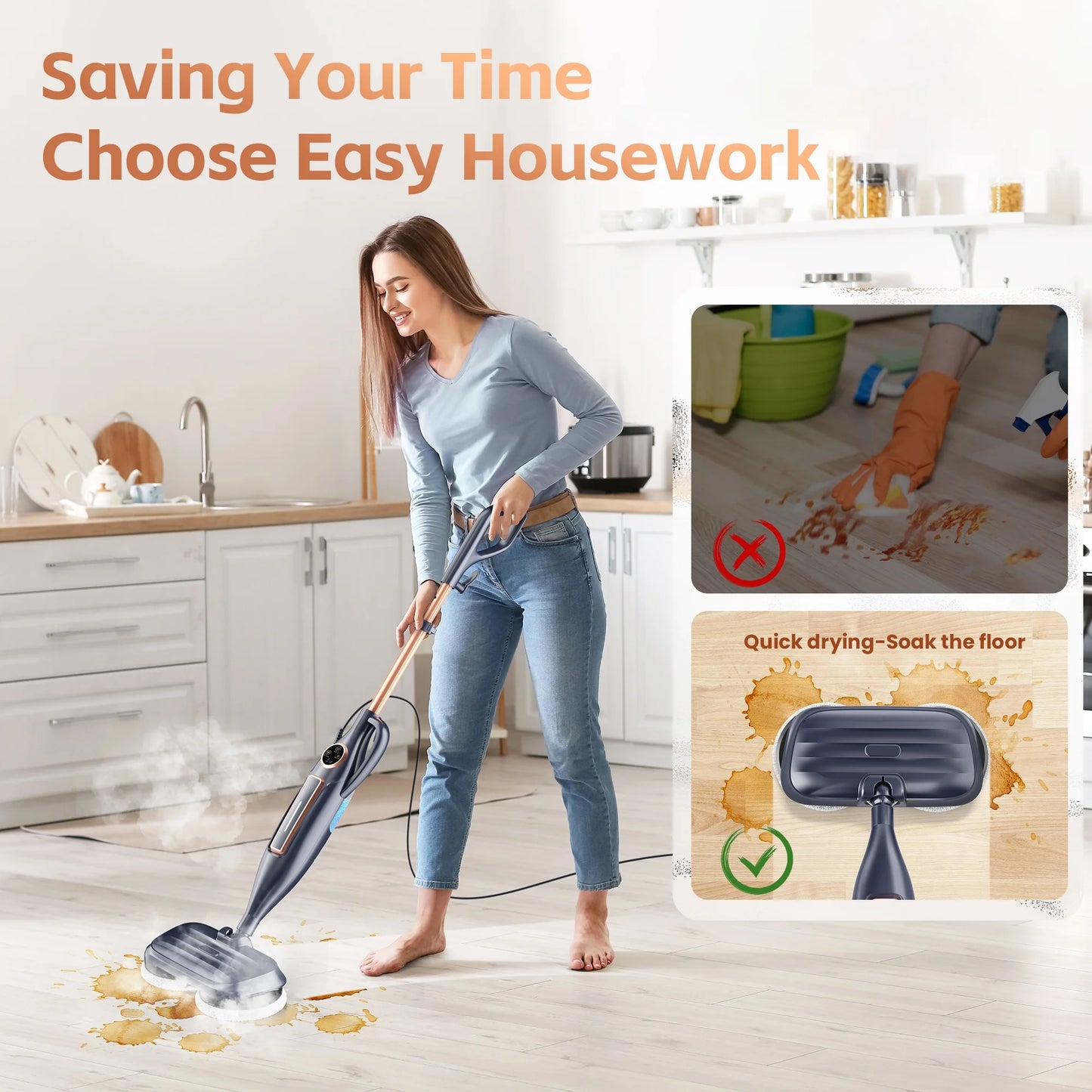 Steam Mop with Rotating Pads, 10 in 1 Scrubbing Steam Vacmop for Kitchen, Hardwood Floor, Marble Floor