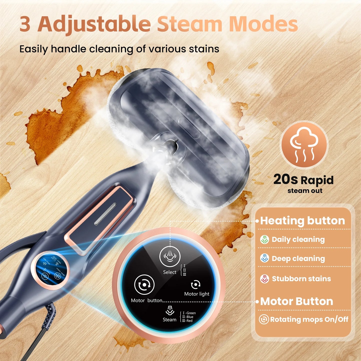 Steam Mop with Rotating Pads, 10 in 1 Scrubbing Steam Vacmop for Kitchen, Hardwood Floor, Marble Floor